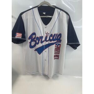 Puerto Rico Boricua Baseball Shirt Mens Extra Large White Navy Blue Mesh Jersey‎